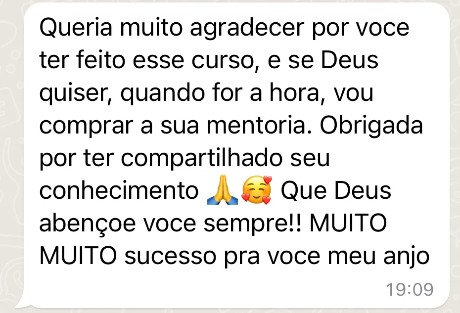 Depoimento de aluna no WhatsApp: agradecendo pelo curso